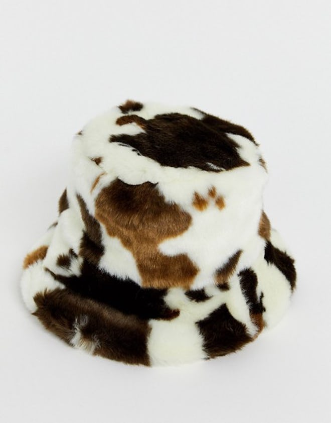 Faux Fur Bucket Hat In Cow Print