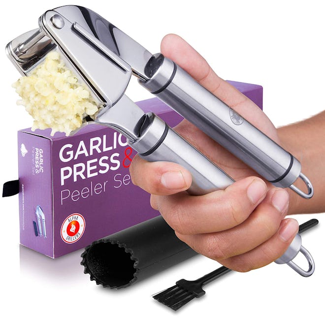 Alpha Grillers Garlic Press. Stainless Steel Mincer & Crusher With Silicone Roller Peeler