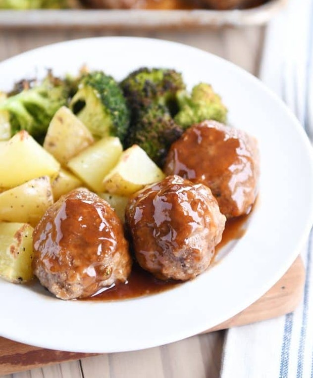 Sheet pan sweet and sour meatballs recipe from Mel's Kitchen cafe is totally kid-friendly