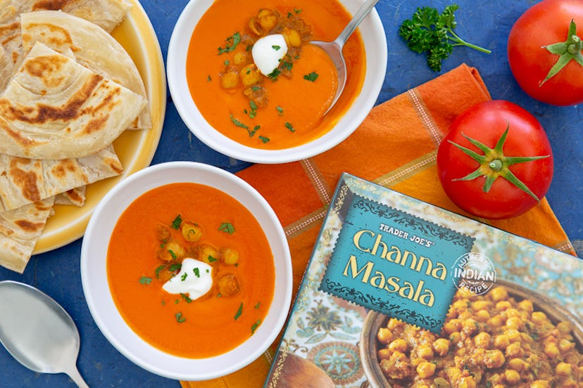 Trader Joe's tomato and red pepper soup pairs great with Trader Joe's frozen channa masala.