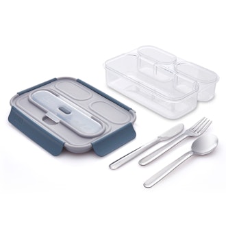 Built Gourmet 3 Compartment Bento Set with Stainless Steel Utensils, Gray