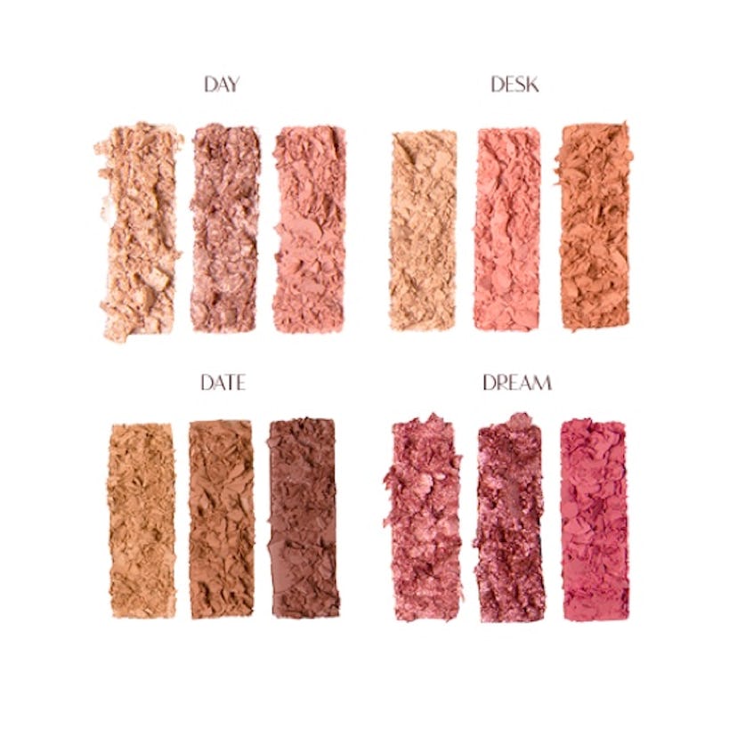 Swatches of Charlotte Tilbury's Instant Eye Palette in Pillow Talk show the four looks the palette i...
