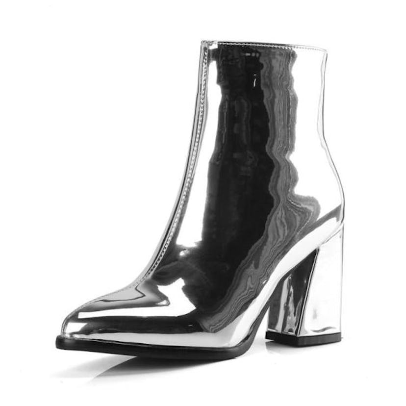 metallic pointed toe block heel ankle boots