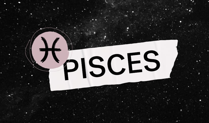 Pisces written on a banner with its sign next to it, with a dark sky full of stars in the background...