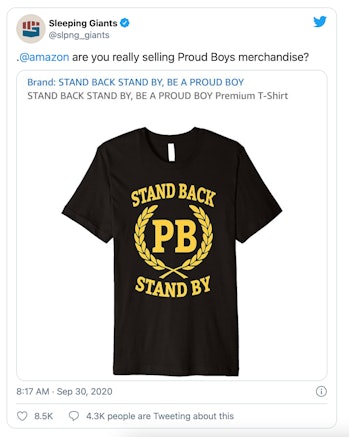 Amazon was spotted selling merchandise representing a white supremacist group.