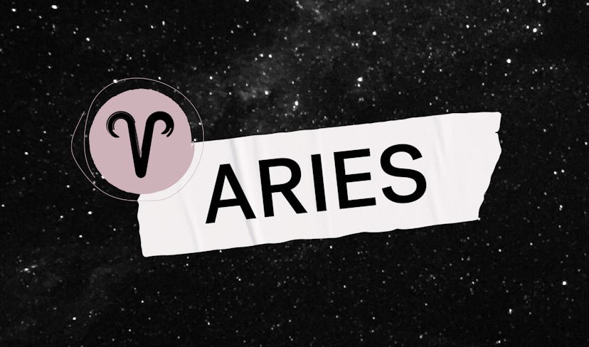 An Aries astrological sign and Aries written next to it, with a black sky background full of stars.