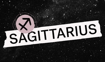 Sagittarius written on a banner with its sign next to it, with a dark sky full of stars in the backg...