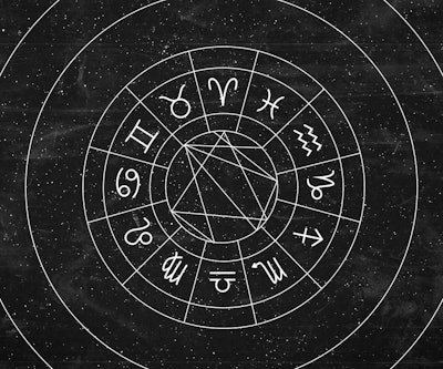 Zodiac chart with all twelve signs on it, and black sky full of stars behind it.
