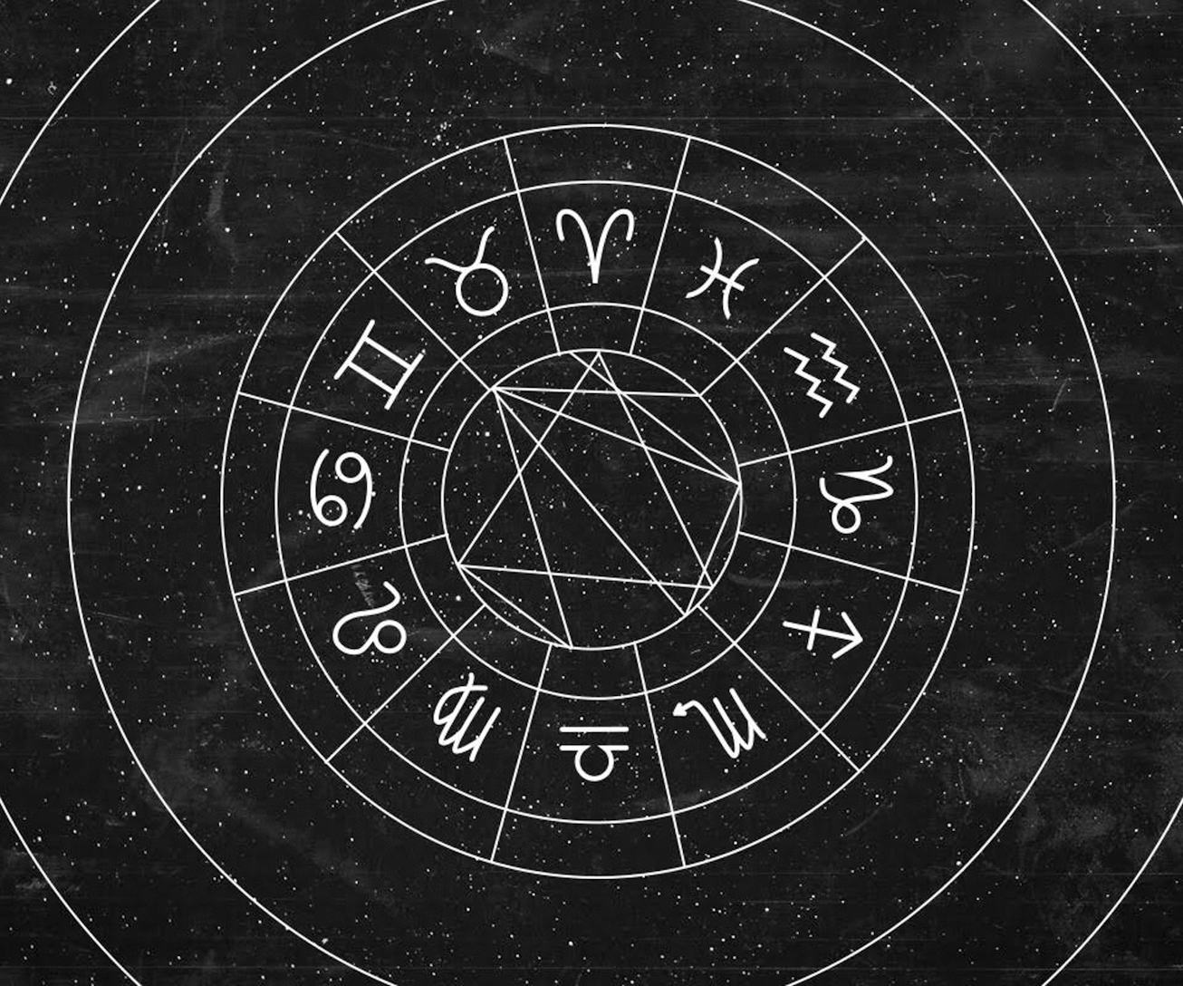 Zodiac chart with all twelve signs on it, and black sky full of stars behind it.