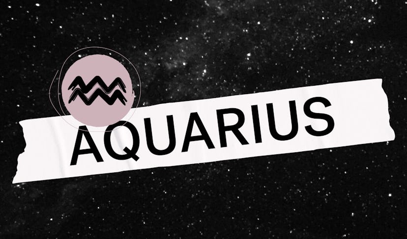 Aquarius written on a banner with its sign next to it, with a dark sky full of stars in the backgrou...