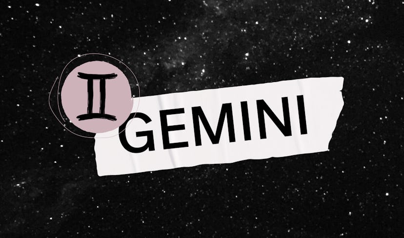 A Gemini astrological sign and Gemini written next to it, with a black sky background full of stars.