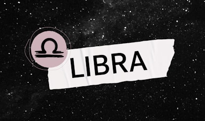 A Libra astrological sign and Libra written next to it, with a black sky background full of stars.