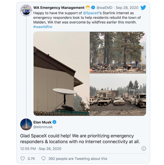 Screenshot of tweet exchange between Washington emergency responders and Elon Musk about Starlink in...