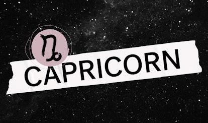 Capricorn written on a banner with its sign next to it, with a dark sky full of stars in the backgro...