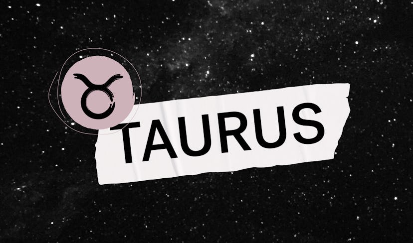 A Taurus astrological sign and Taurus written next to it, with a black sky background full of stars.