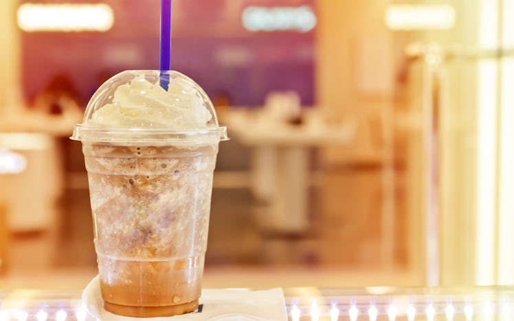 Mocha Frappe with soft blur background in vintage style.