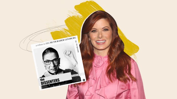 A photo of Debra Messing, wearing a bright pink blouse, along with the cover of her podcast, The Dis...