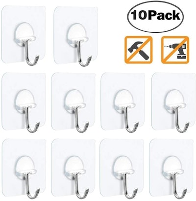 Wall Hooks 15lb(Max) Transparent Reusable Seamless Adhesive Hooks, Waterproof and Oilproof, Bathroom...