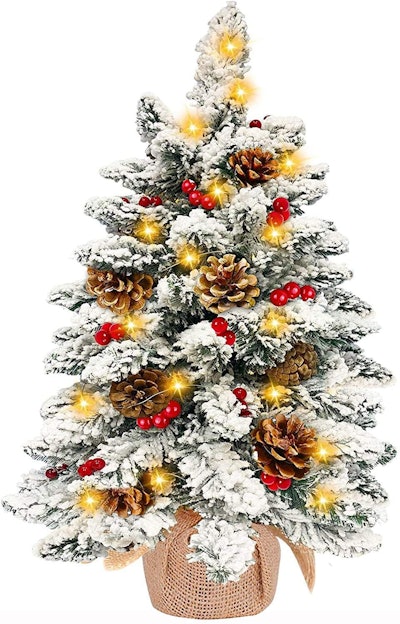 TURNMEON 24 Inch Tabletop Christmas Tree with 50 Warm White Lights Battery Operated Snow Flocked Pre...