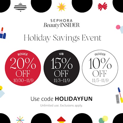 Depiction of Sephora's Holiday Savings Event including Rouge, VIB, and Insider breakdown.