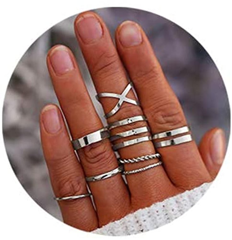 FINETOO 8 PCS Simple Knuckle Midi Ring Set Vintage Plated Gold/Silver for Women/Girl Finger Stackabl...