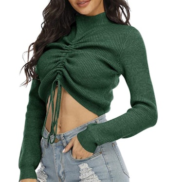 Anbenser Women’s Cropped Sweater Mock Neck Knit Pullover Drawstring Long Sleeve Crop Top