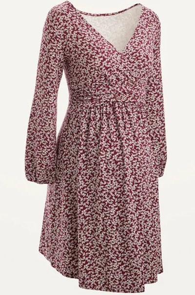 Maternity Cross-Front Jersey Long-Sleeve Dress in Burgundy Floral