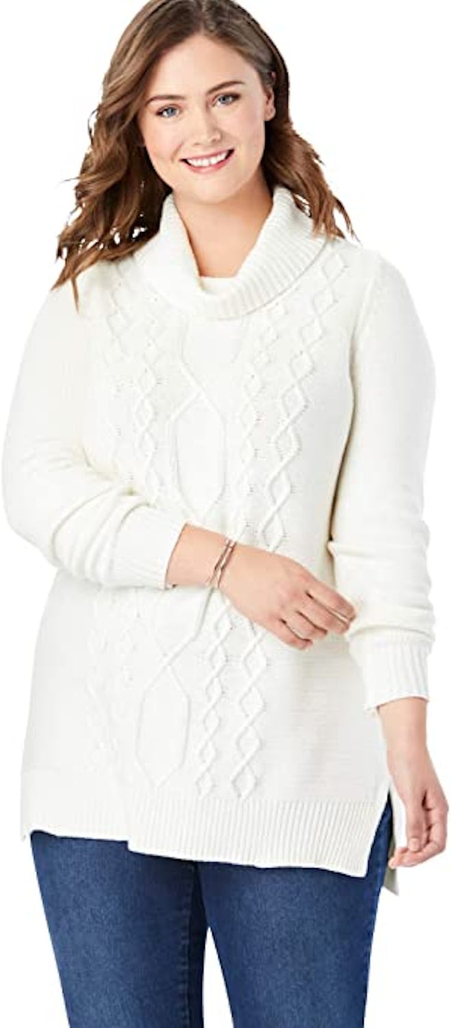 Woman Within Plus Size Cable Knit Turtleneck Sweater 