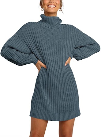 ANRABESS Lantern Sleeve Turtleneck Sweater Dress 