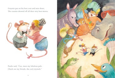 Illustrations of two mice dancing alone and then them dancing with other animals watching 