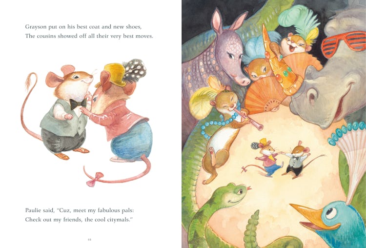 Illustrations of two mice dancing alone and then them dancing with other animals watching 