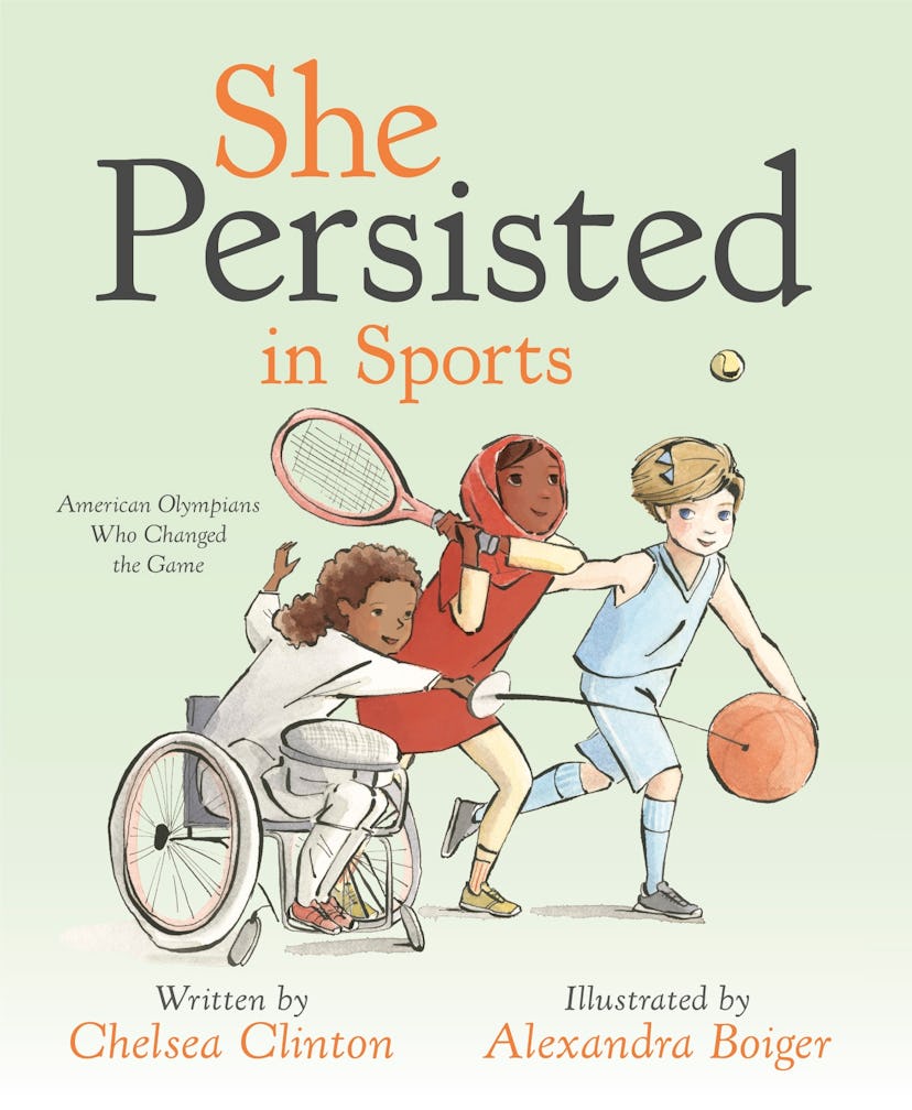 The cover of "She Persisted In Sports," featuring illustrations of three young female athletes: a fe...