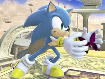Sonic in Smash Bros. Ultimate with a black butterfly between his hands