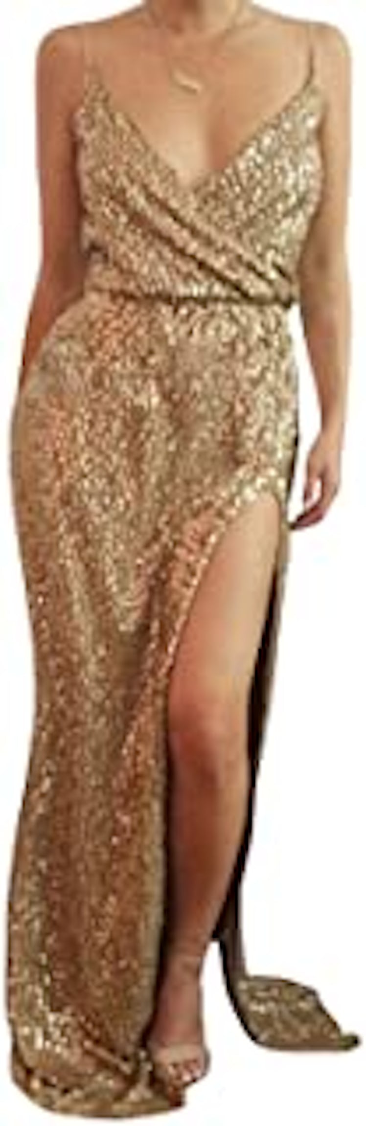 DORA BRIDAL Women Sexy Sequins Lace Evening Dress V-Neck Formal Gowns with High Split