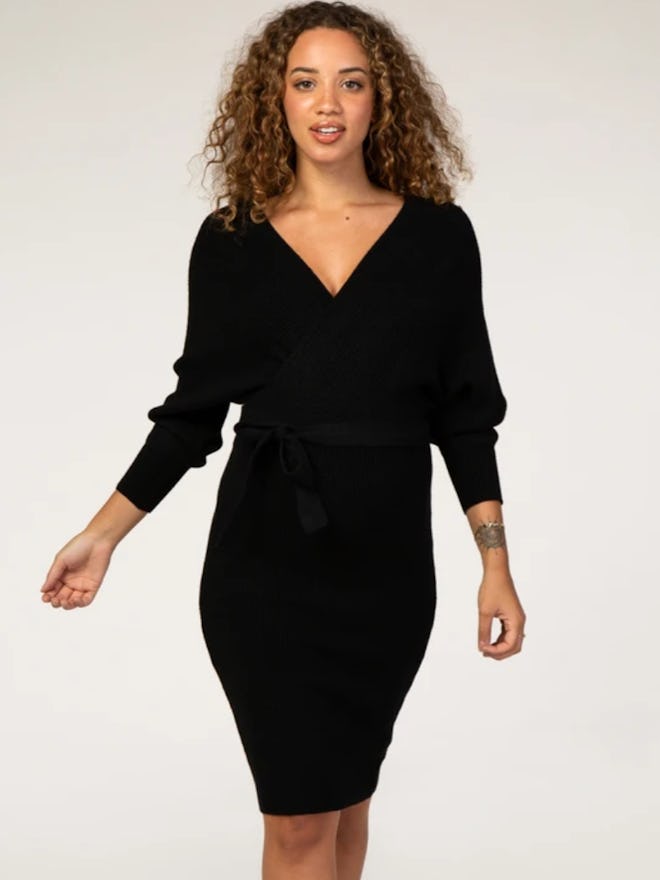 Waverleigh Black Ribbed Fitted Wrap Front Maternity Dress