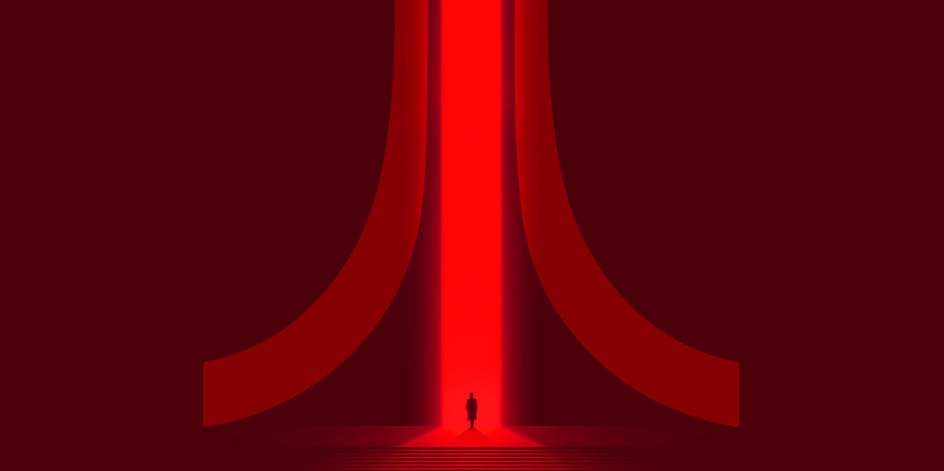 A person is walking into a deep red and black Atari logo symbol.