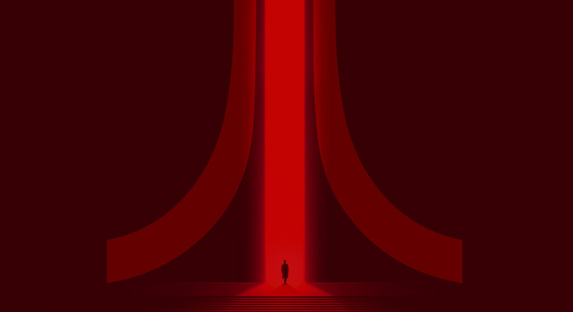 A person is walking into a deep red and black Atari logo symbol.