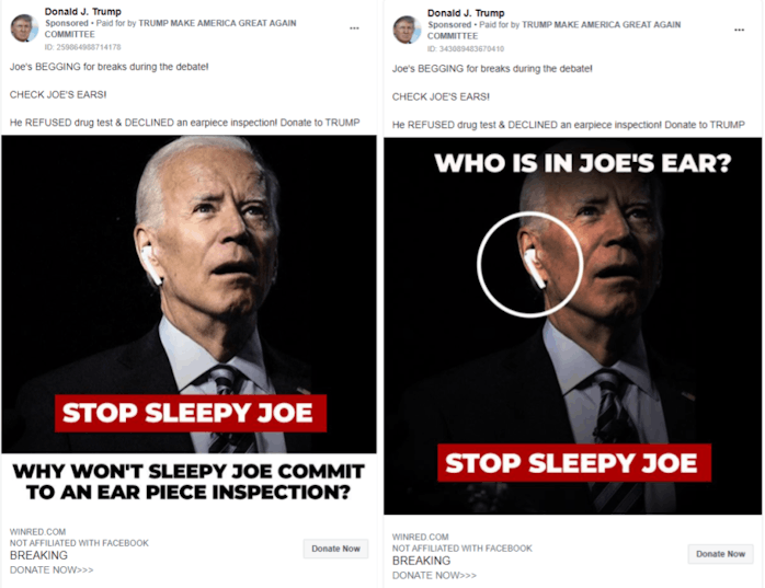 The campaign for Donald Trump has run Facebook ads using manipulated pictures of rival Joe Biden.