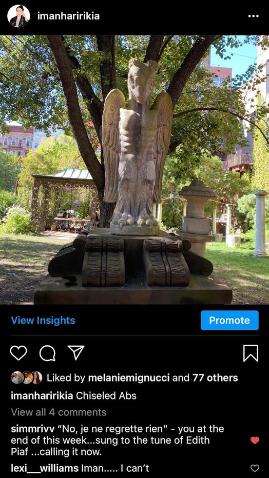 Creepy Instagram post of a bird sculpture with chiseled abs by Iman