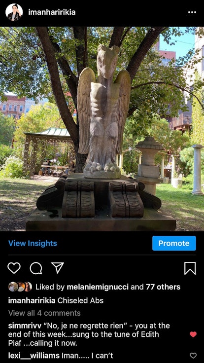 Creepy Instagram post of a bird sculpture with chiseled abs by Iman