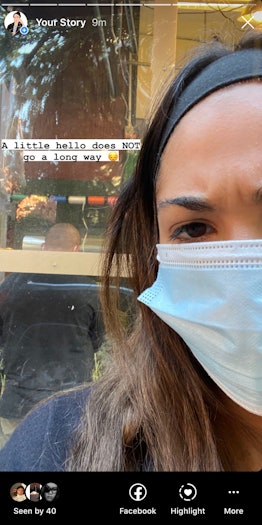 Instagram story by Iman where she is wearing a mask and "A little hello does NOT go a long way" text