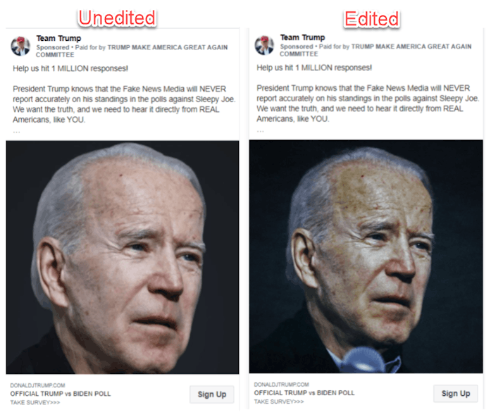 Facebook has allowed the Trump campaign to run ads with doctored photos of Joe Biden.