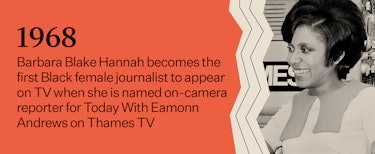 "1968 - Barbara Blake Hannah becomes the first Black female journalist to appear on TV" text next to...