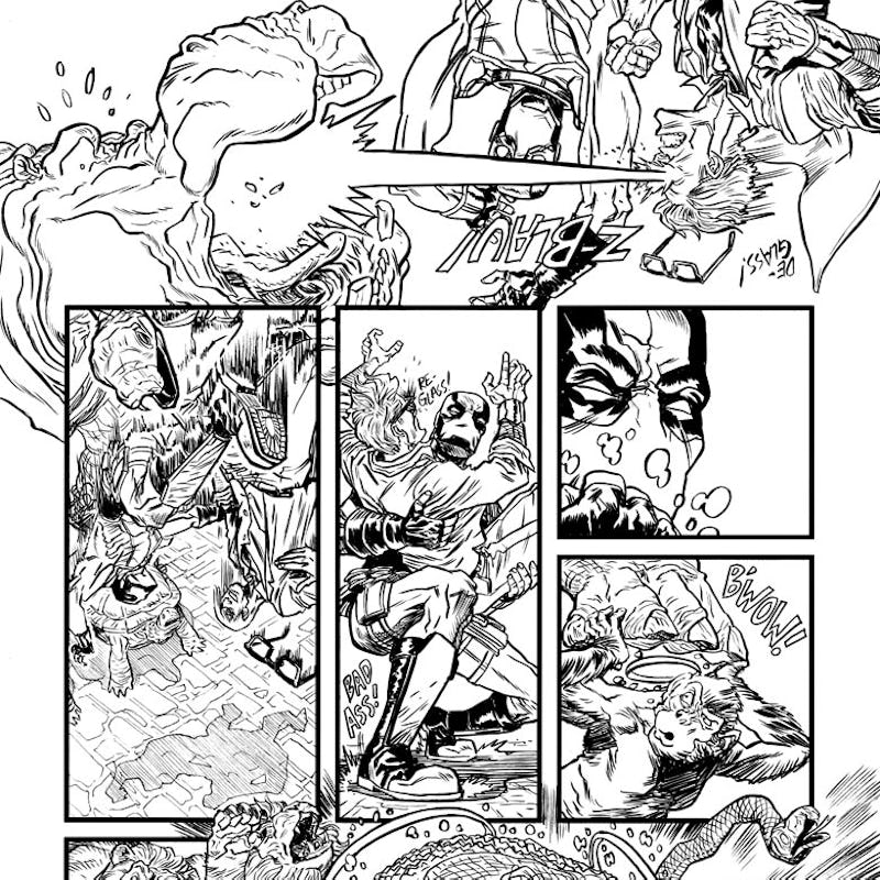 A black-white page from the comic book Quantum & Woody Earth's last choice