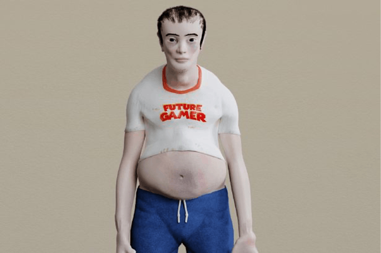 A photo of an overweight, slouching gamer with pale skin.