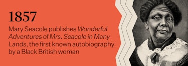 "1857-Mary Seacole publishes Wonderful Adventures of Mrs. Seacole in Many Lands, the first known aut...