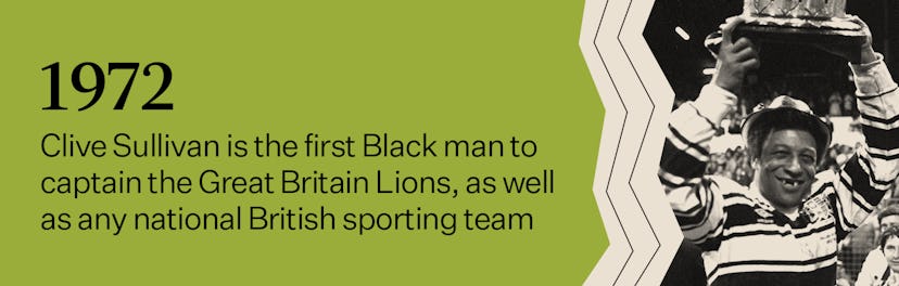 "1972 - Clive Sullivan is the first Black man to captain the Great Britain Lions" text next to Sulli...