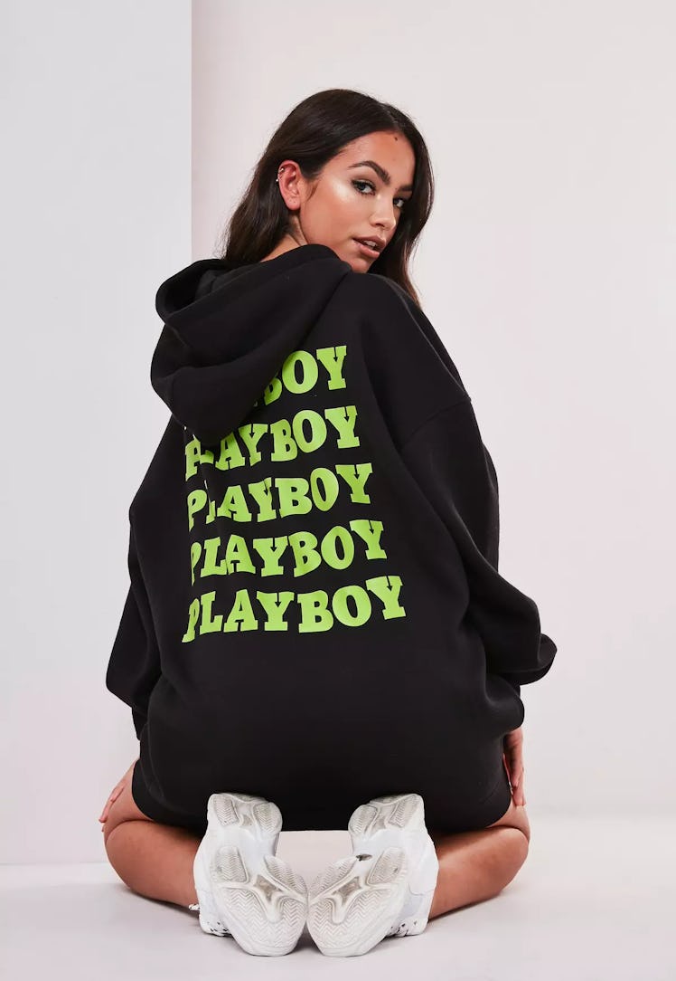 Playboy x Missguided Black Oversized Slogan Hoodie Dress