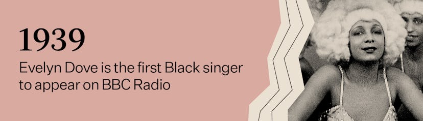 "1939 - Evelyn Dove is the first Black singer to appear on BBC Radio" text next to Dove's photo