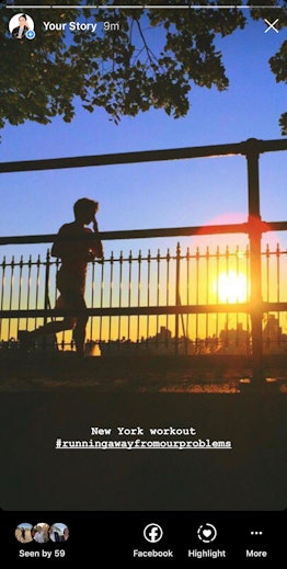 Iman's story of a boy running and "New York workout #runningawayfromourproblems" caption